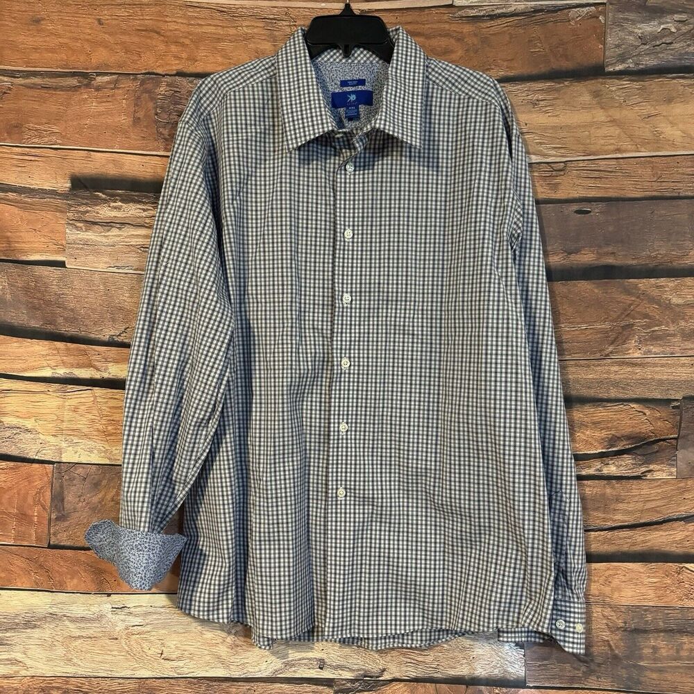 Egara Men's 2XL Blue White Check Dress Shirt Slim Fit Long Sleeve Button Up XXL